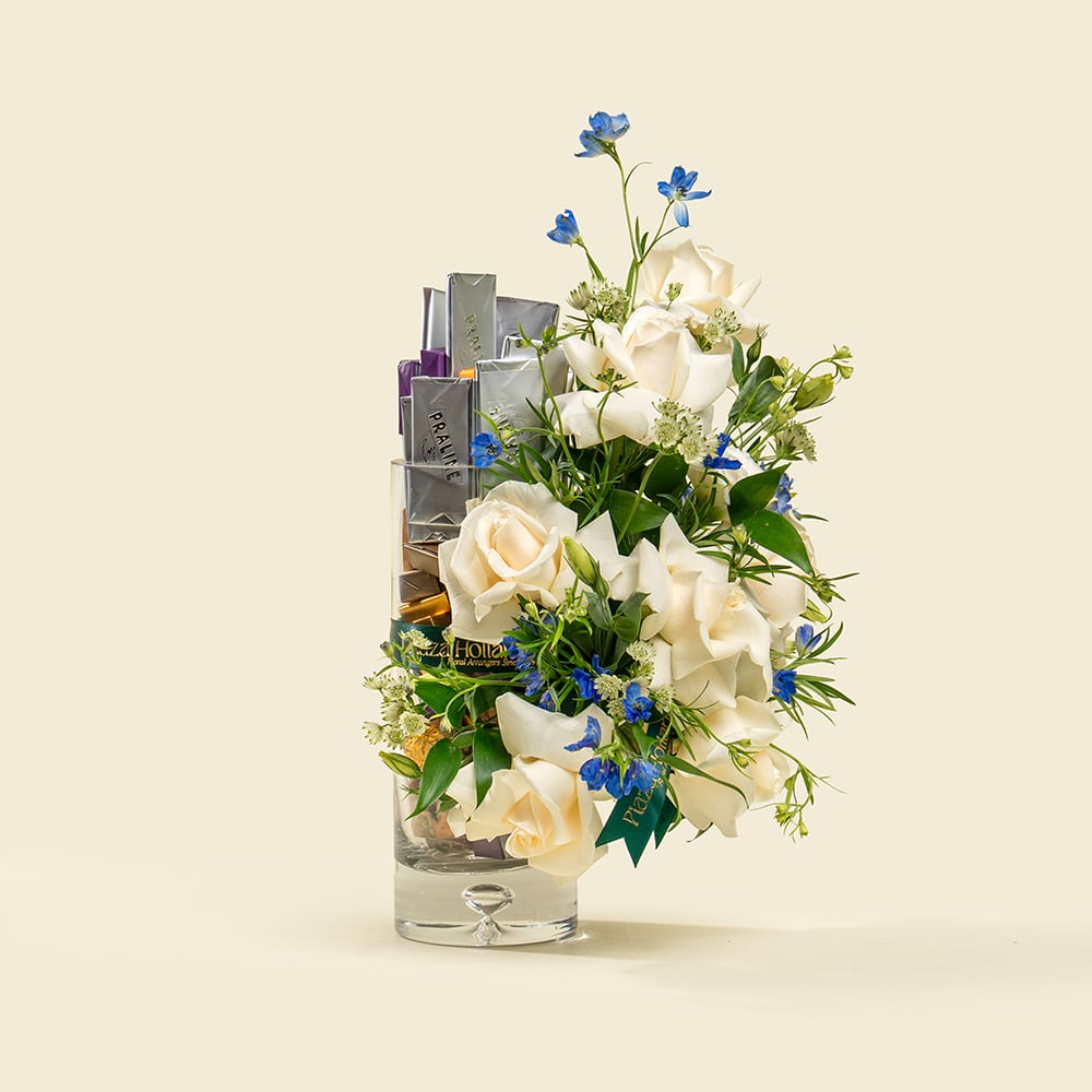 4 White roses and blue delphinium bouquet with chocolates