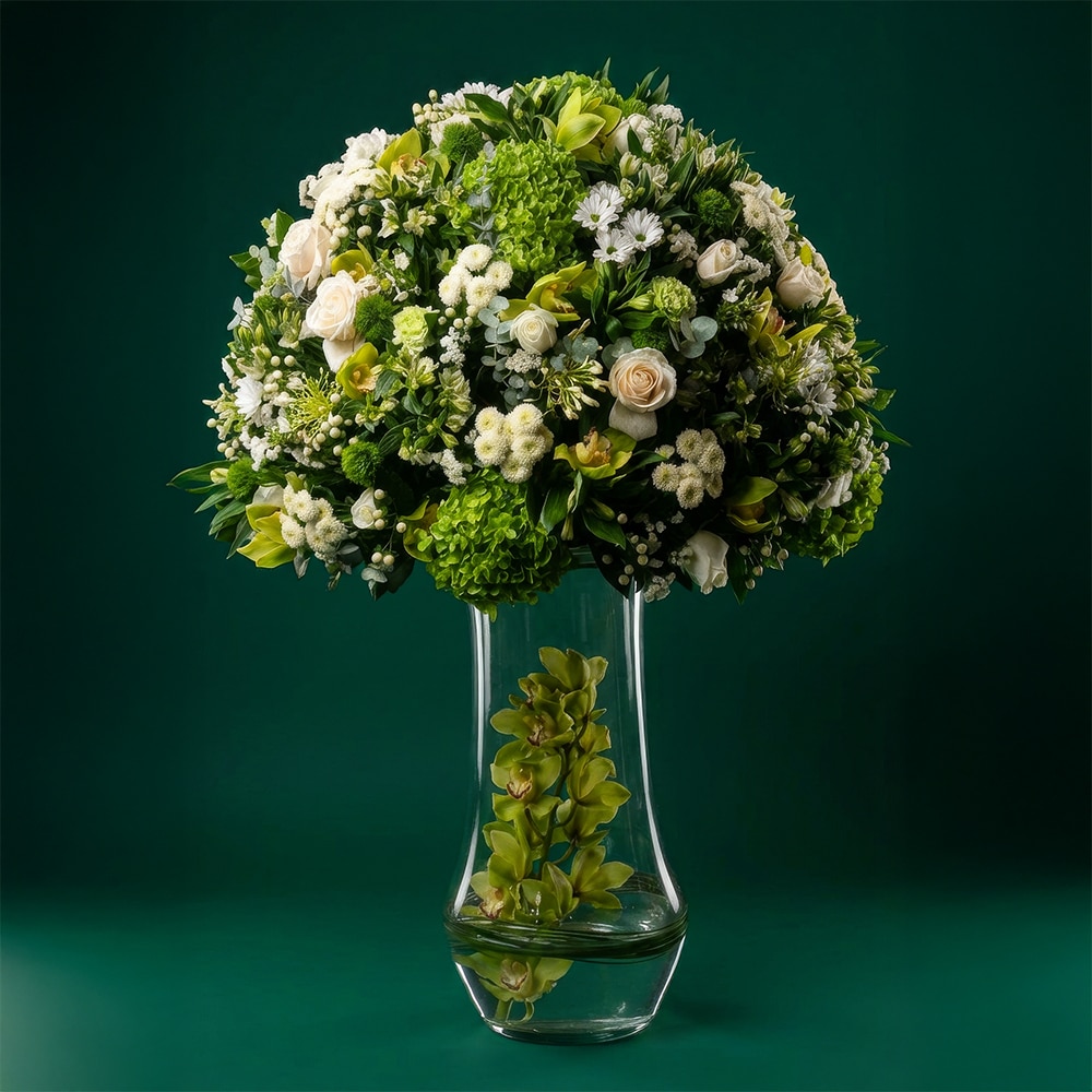 uxury flower arrangement, mixed flowers vase, cymbidium orchid arrangement, hydrangea bouquet, premium floral gift, elegant glass vase flowers, luxury décor flowers