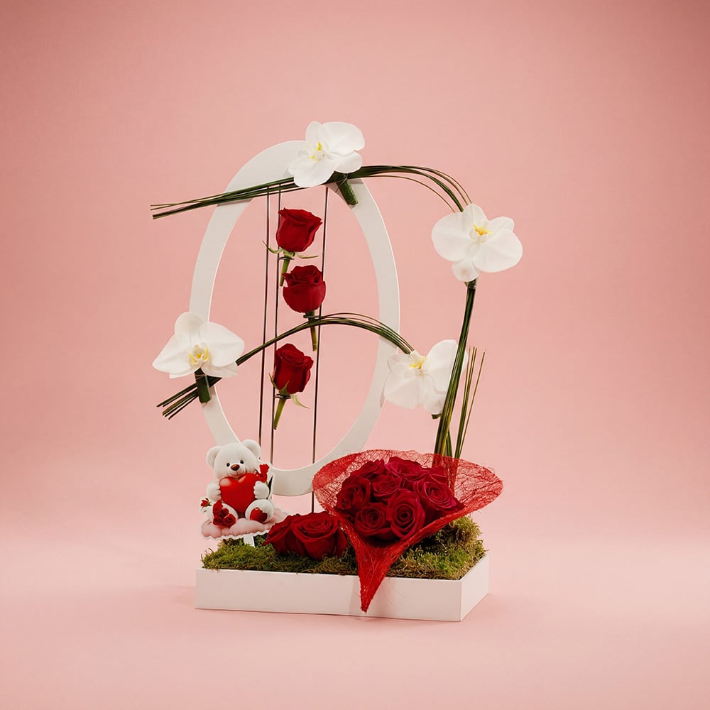 13-1-1.jpg Moss Box Floral Arrangement Roses & Teddy Bear Tag