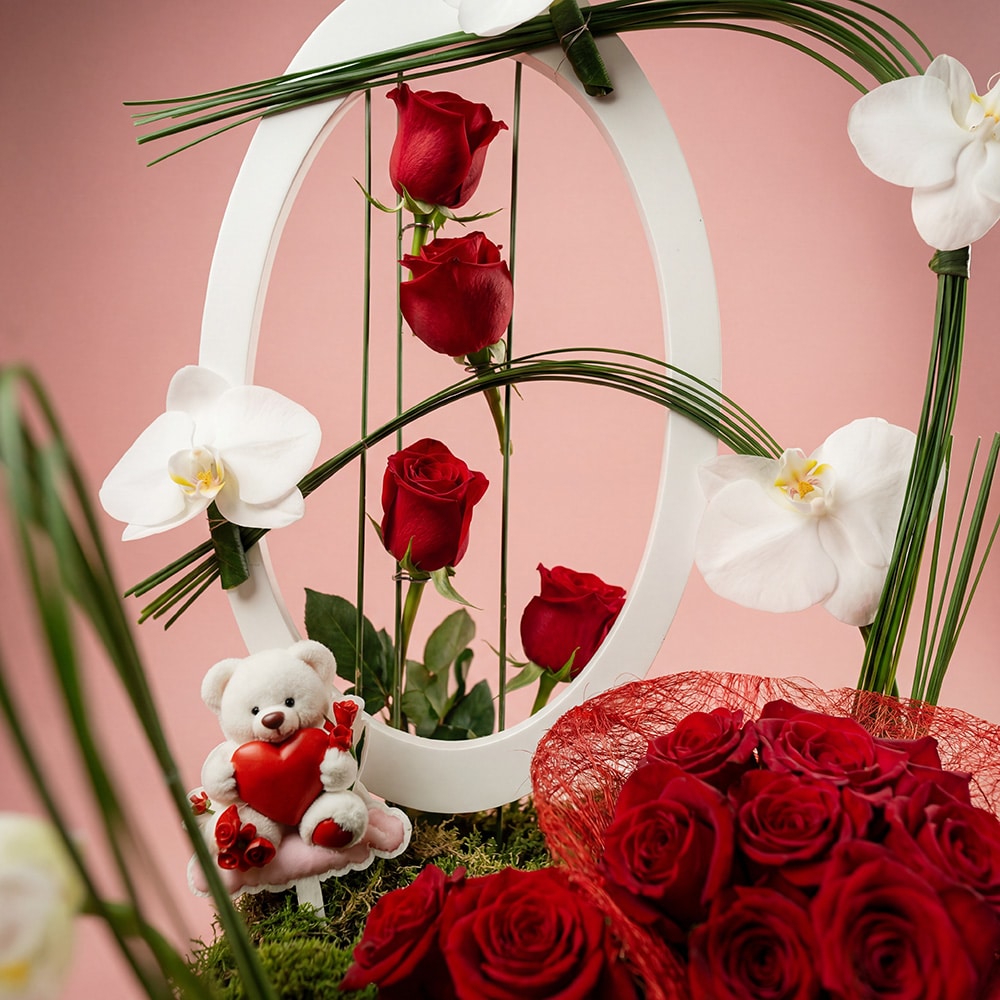 13.2-2.jpg Moss Box Floral Arrangement Roses & Teddy Bear Tag