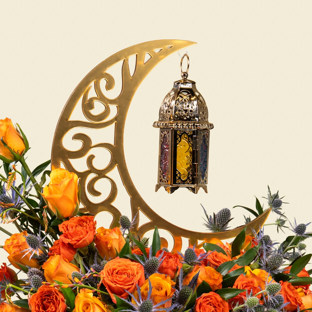 17.2-1.jpg Luxury Orange Rose Crescent Moon Arrangement with Hanging Lantern
