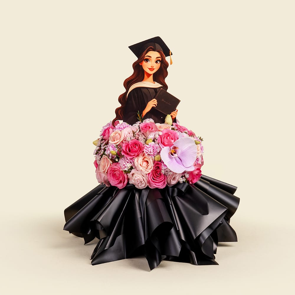 2 Blush Graduation Floral Doll Arrangement with Phalaenopsis Orchid