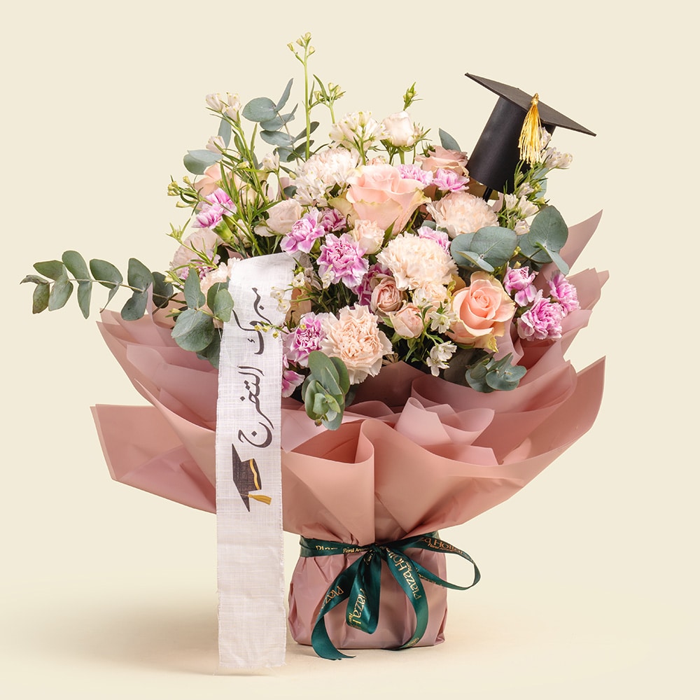 7 Blush Pink Graduation Bouquet with Cap & Congratulations Ribbon