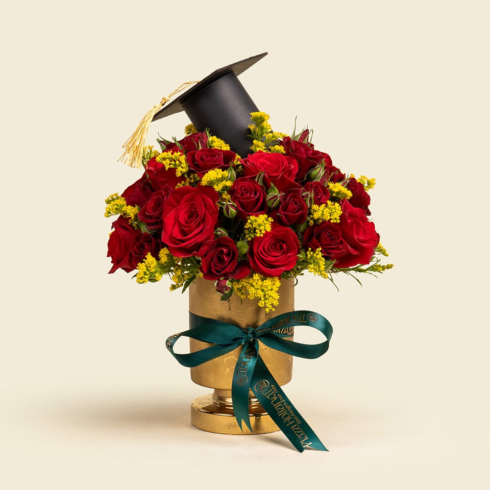 9 Golden Graduation Vase with Red Roses
