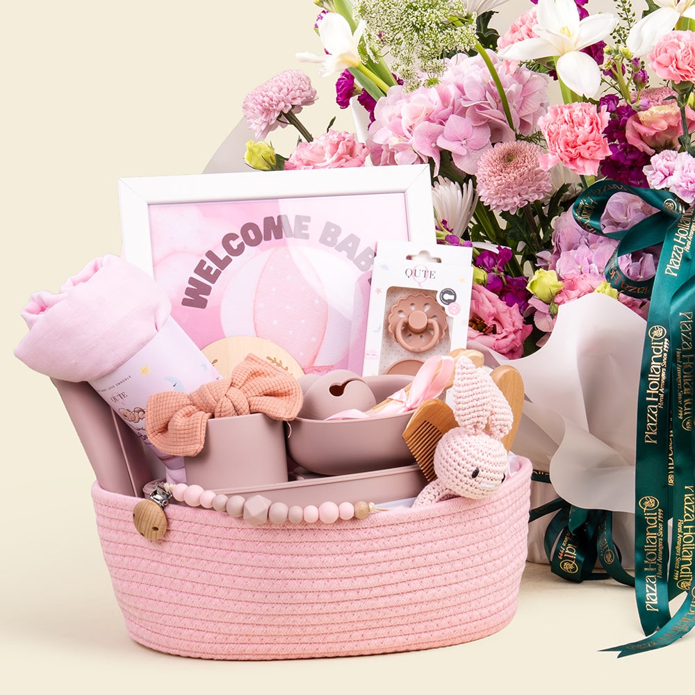 10.3 Luxury Baby Girl Keepsake Basket with Flowers & Personalized Essentials