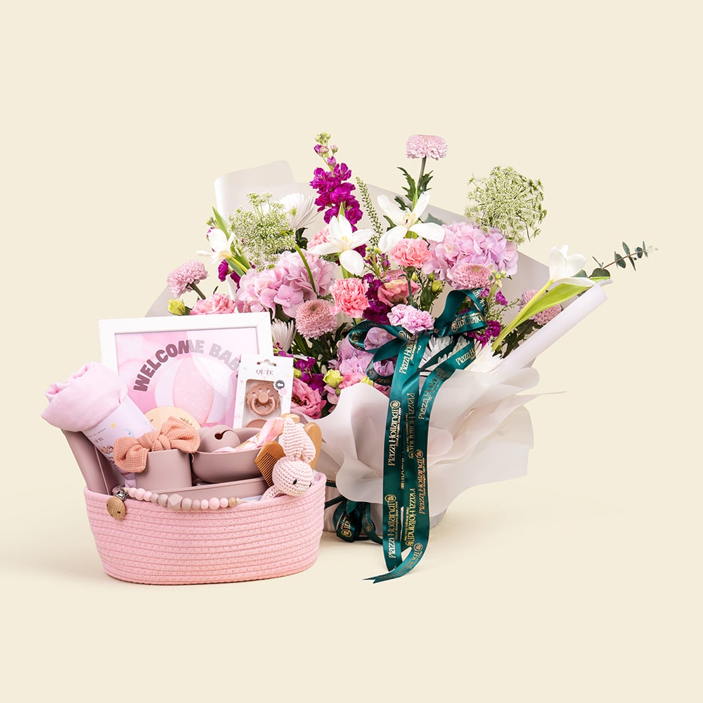 10 Luxury Baby Girl Keepsake Basket with Flowers & Personalized Essentials