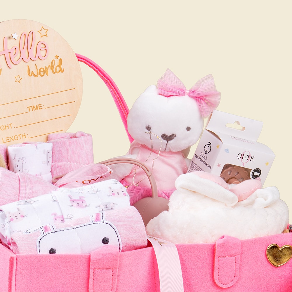 2.2 Charming Baby Girl Gift Hamper with Carnations, Roses & Personalized Essentials