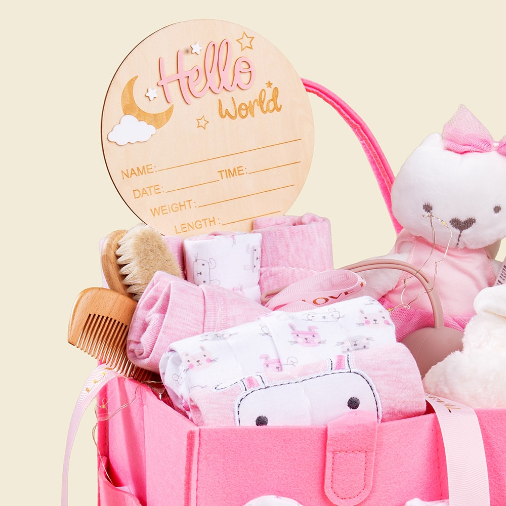 2.3 Charming Baby Girl Gift Hamper with Carnations, Roses & Personalized Essentials