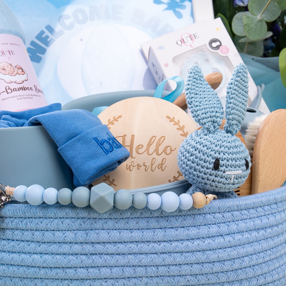 20.3 Luxury Baby Boy Keepsake Basket with Flowers & Personalized Feeding Set