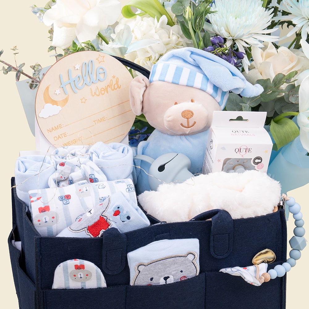 21.2 Premium Baby Boy Gift Hamper with Roses & Personalized Newborn Essentials