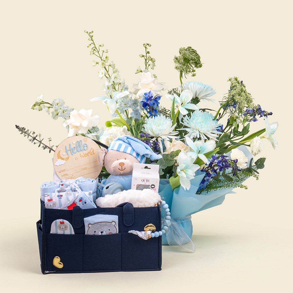 21 Luxury Baby Boy Gift Hamper with Fresh Flowers & Personalized Essentials