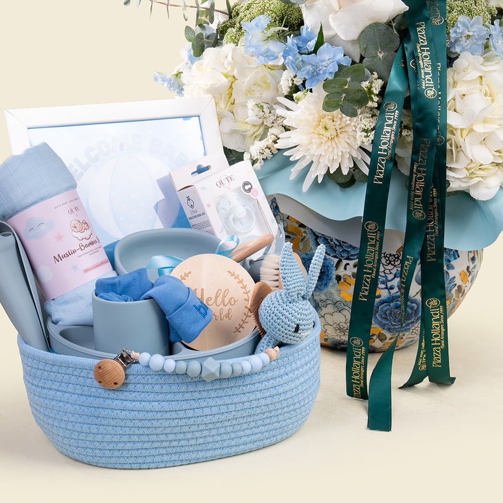 25.2 Premium Baby Boy Keepsake Basket with Roses & Personalized Essentials