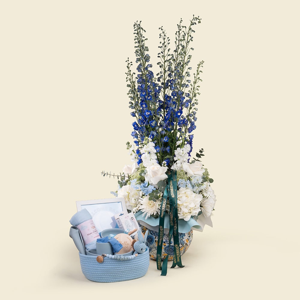 25 Premium Baby Boy Keepsake Basket with Roses & Personalized Essentials