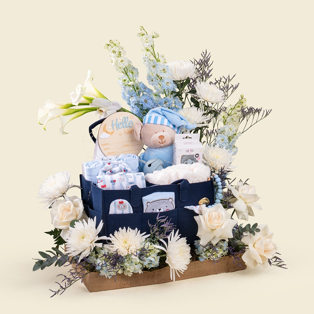 26 Baby Boy Gift Hamper with Calla Lily & Personalized Essentials Doha Qatar