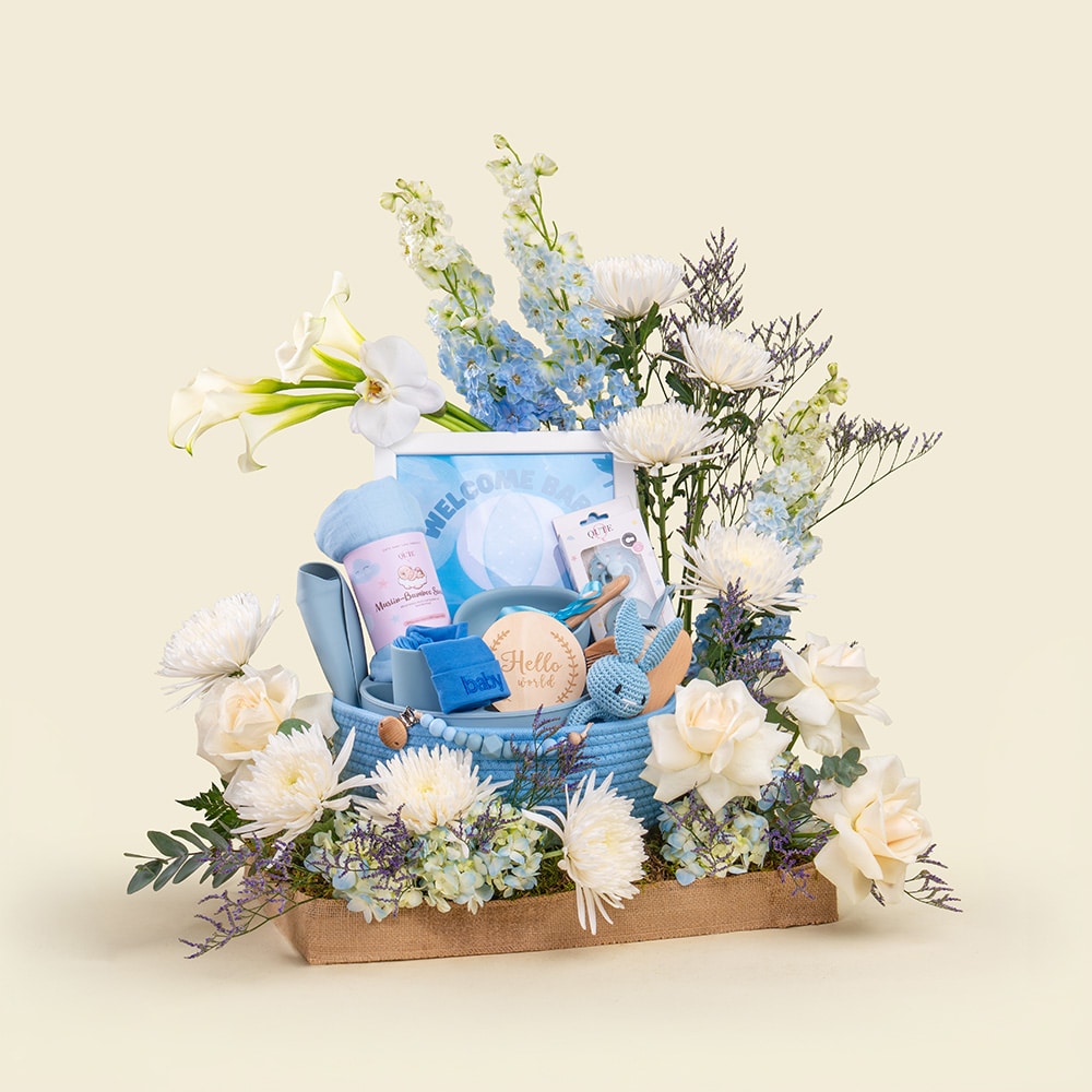 3 Baby Boy Keepsake Basket with Calla Lily & Personalized Essentials Doha Qatar