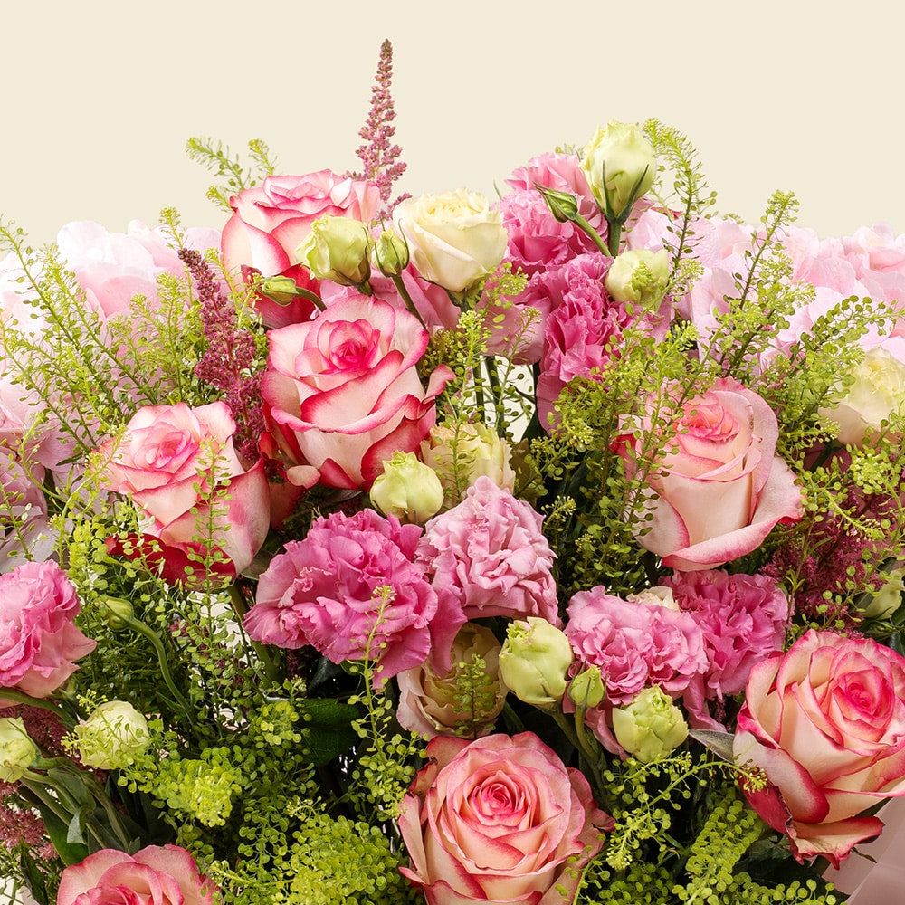Blush Pink Roses Bouquet with Eustoma, Carnations & Green Bell