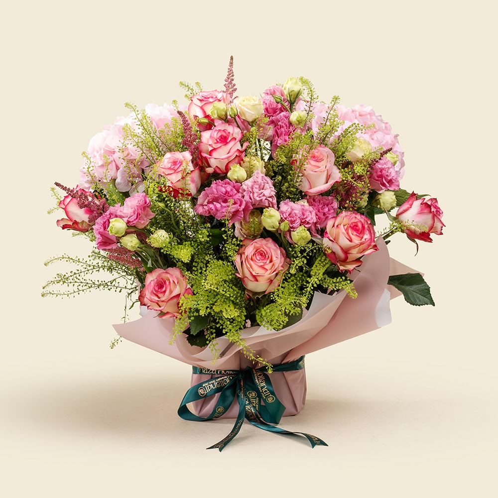 39 Blush Pink Roses Bouquet with Eustoma, Carnations & Green Bell