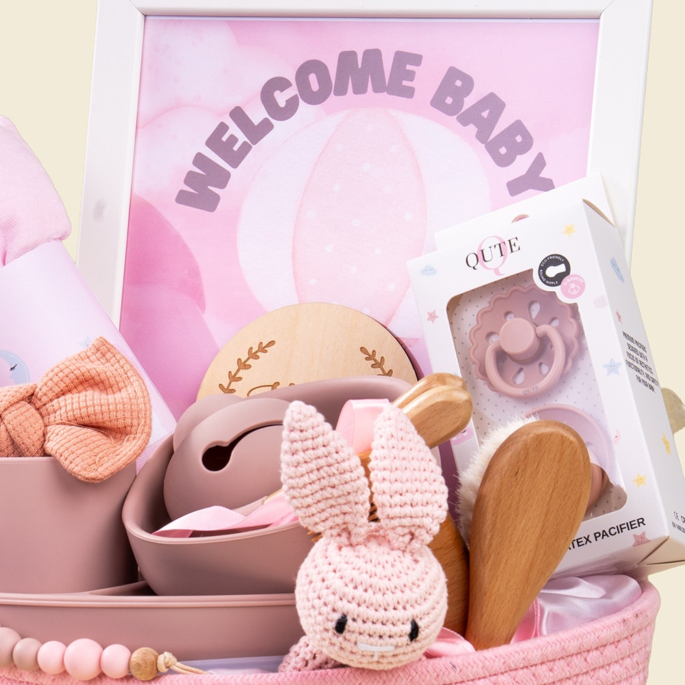 9.4 Baby Girl Keepsake Basket with Personalized Newborn Essentials